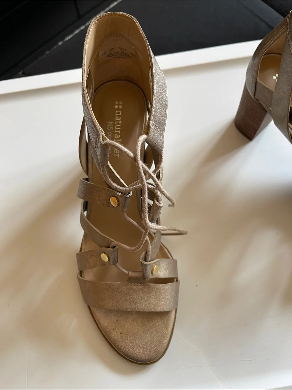Naturalizer Metallic Taupe Lace-Up Block Heel Sandals